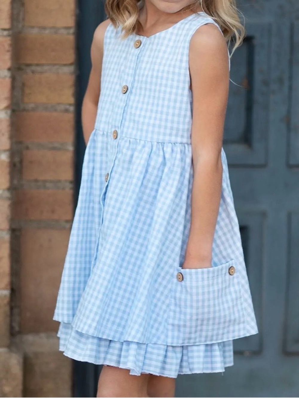 Girls' Light Blue Gingham Button-Front Casual Dress